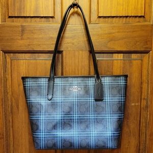 Coach Field Plaid Print Zip Top Tote Bag Signature Canvas Shoulder Bag F80032